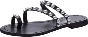 ANUFER Women's Bohemia Pearls Toe Ring Sandals/Slippers Summer Flat Flip Flops Beach Shoes