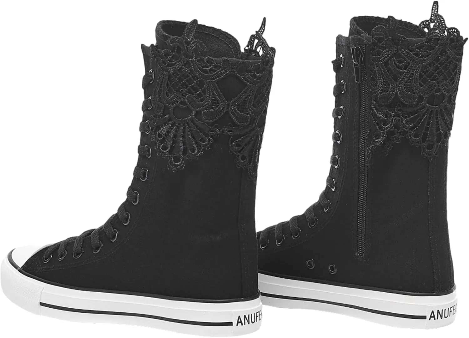 ANUFER Womens Girls Fashion Mid-Calf Canvas Boots Casual High Top Lace Up Canvas Sneakers