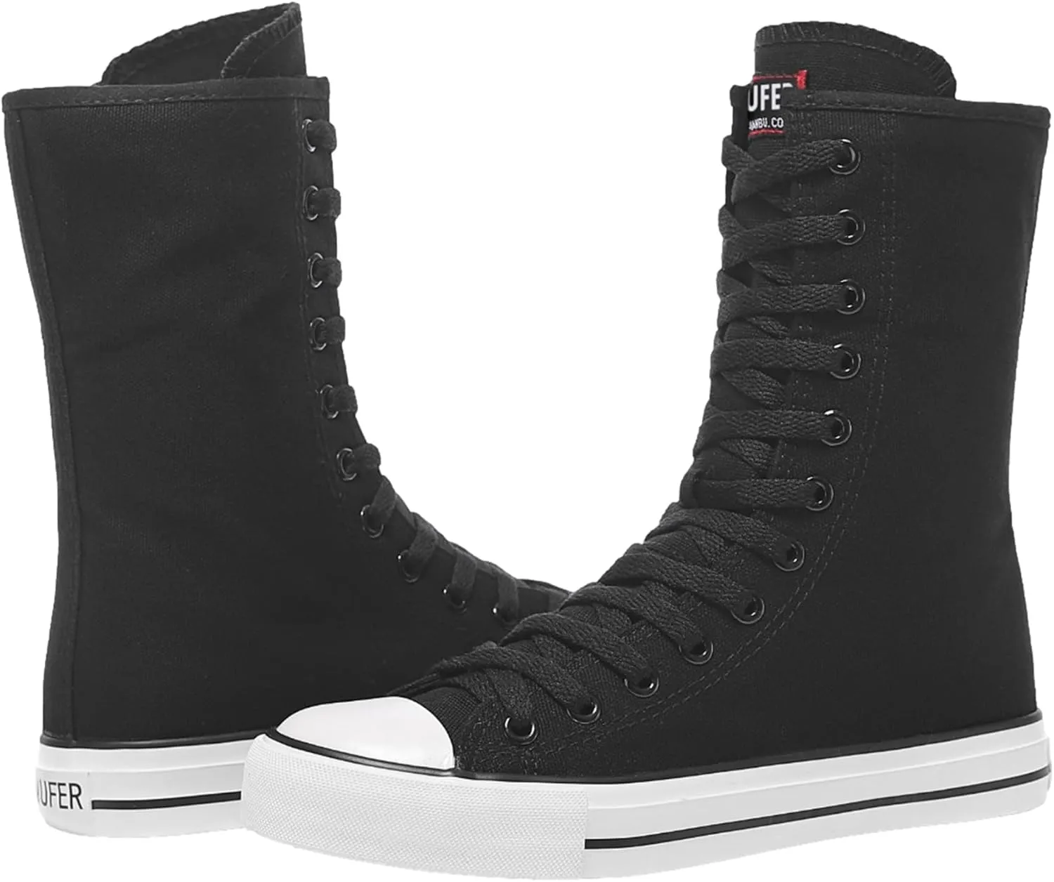 ANUFER Womens Girls Fashion Mid-Calf Canvas Boots Casual High Top Lace Up Canvas Sneakers