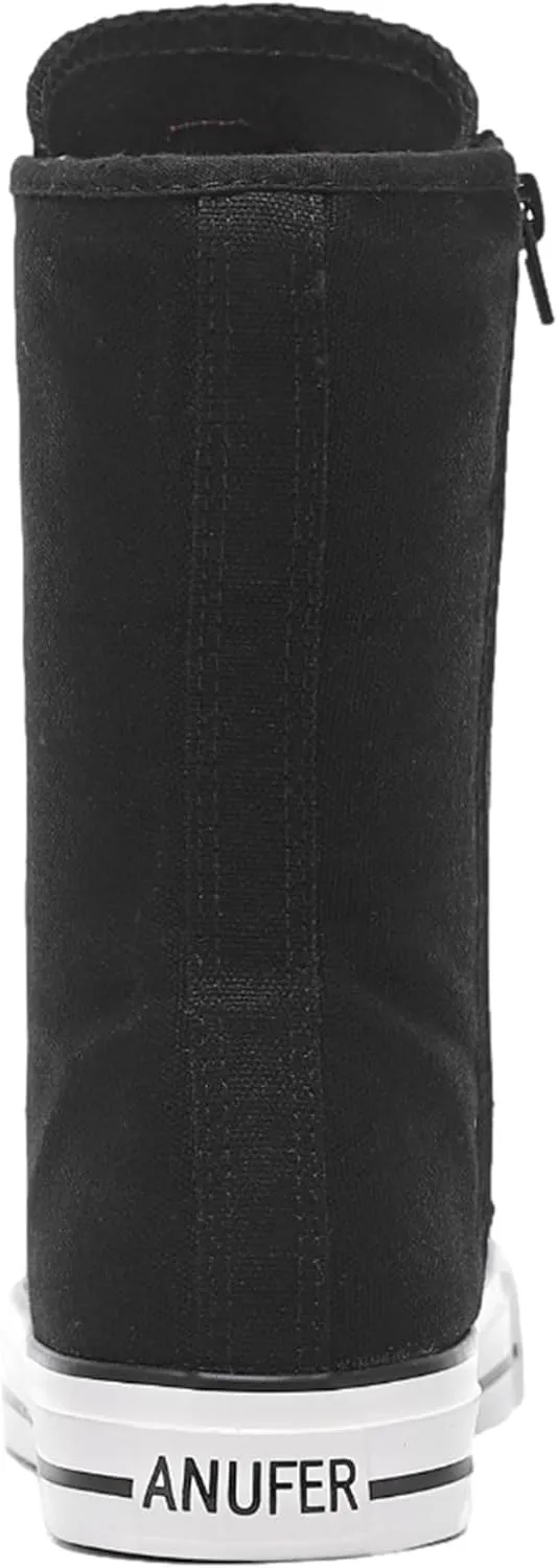 ANUFER Womens Girls Fashion Mid-Calf Canvas Boots Casual High Top Lace Up Canvas Sneakers