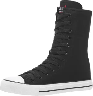 ANUFER Womens Girls Fashion Mid-Calf Canvas Boots Casual High Top Lace Up Canvas Sneakers