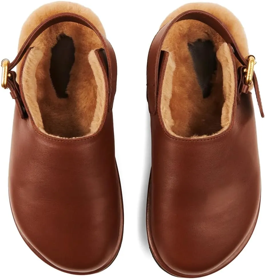 Arqa Mules for Women Adjustable Buckle Slip-on Comfortable Leather Clogs Winter Soft Fuzzy Faux Fur Lined Shoes Low Heel