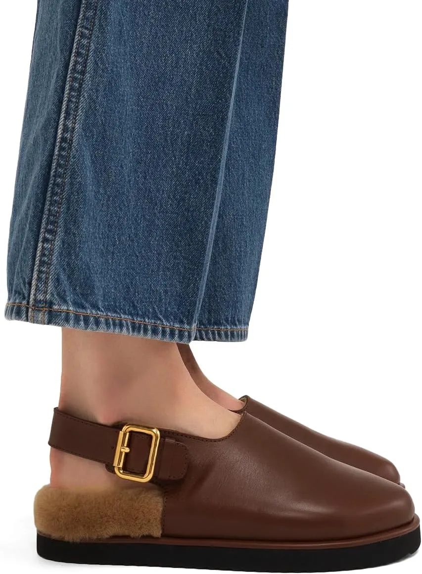Arqa Mules for Women Adjustable Buckle Slip-on Comfortable Leather Clogs Winter Soft Fuzzy Faux Fur Lined Shoes Low Heel