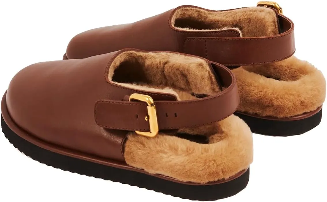 Arqa Mules for Women Adjustable Buckle Slip-on Comfortable Leather Clogs Winter Soft Fuzzy Faux Fur Lined Shoes Low Heel