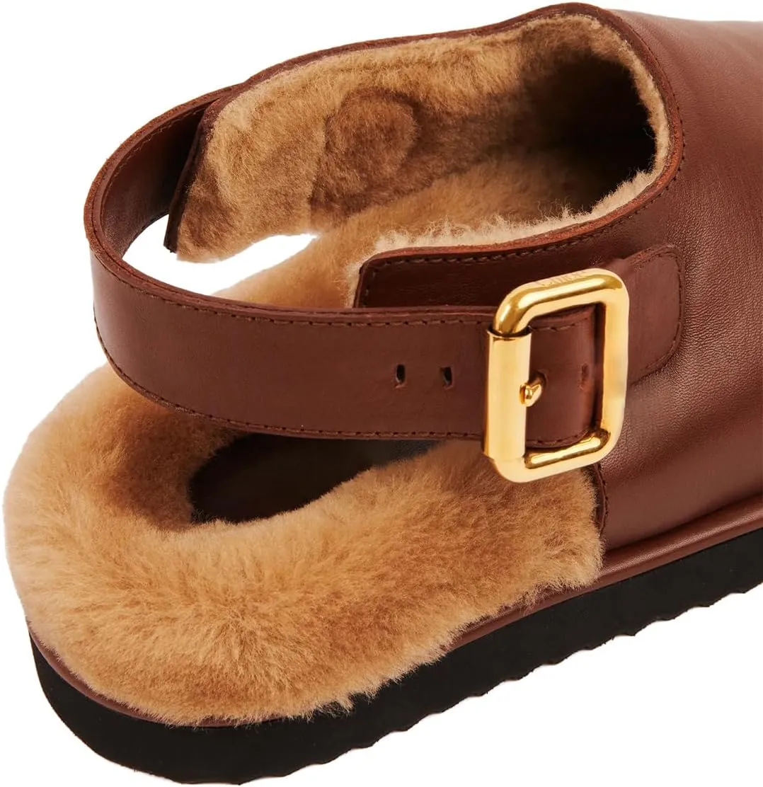 Arqa Mules for Women Adjustable Buckle Slip-on Comfortable Leather Clogs Winter Soft Fuzzy Faux Fur Lined Shoes Low Heel