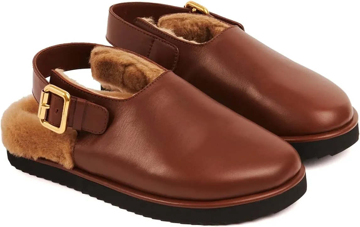 Arqa Mules for Women Adjustable Buckle Slip-on Comfortable Leather Clogs Winter Soft Fuzzy Faux Fur Lined Shoes Low Heel