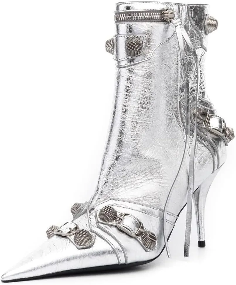 Arqa Women's Stiletto High Heel Ankle Boots,Tassel Pointy Toe Studded Zipper Booties Motorcycle Boot