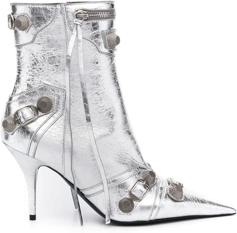 Arqa Women's Stiletto High Heel Ankle Boots,Tassel Pointy Toe Studded Zipper Booties Motorcycle Boot