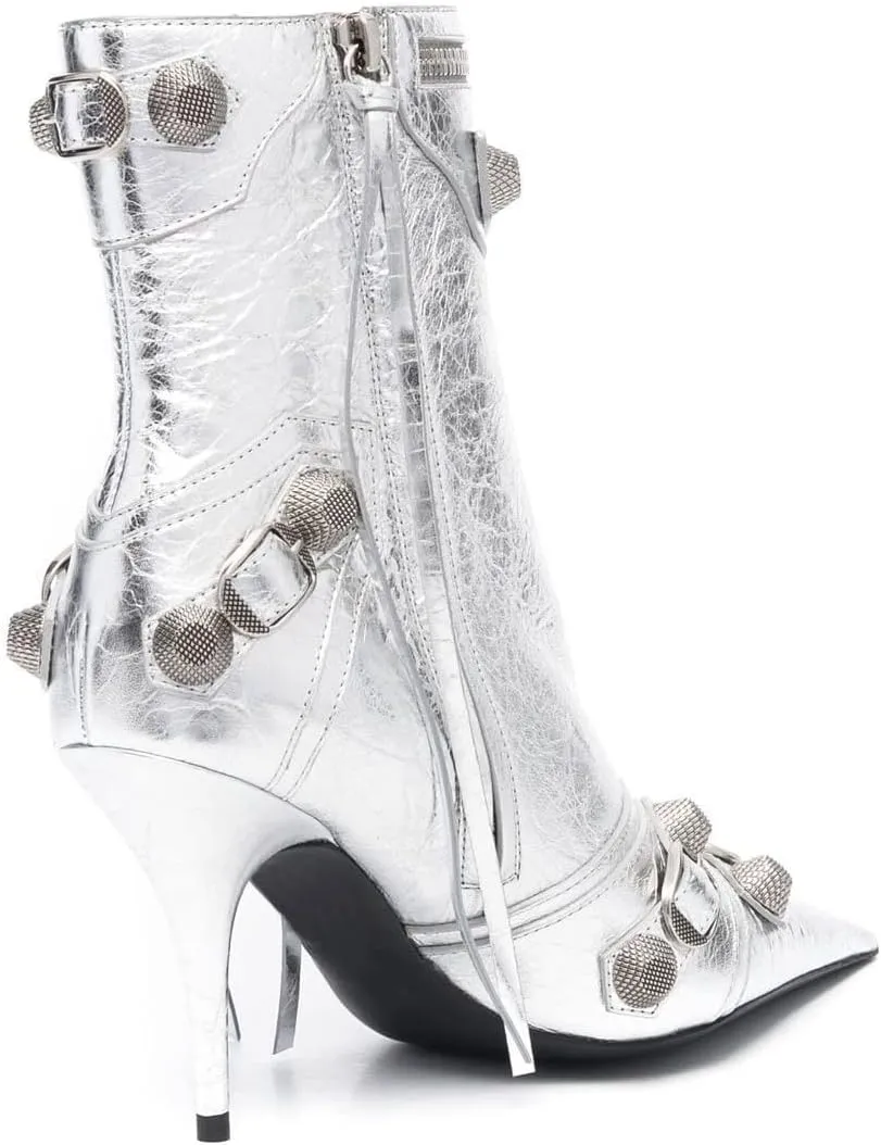 Arqa Women's Stiletto High Heel Ankle Boots,Tassel Pointy Toe Studded Zipper Booties Motorcycle Boot