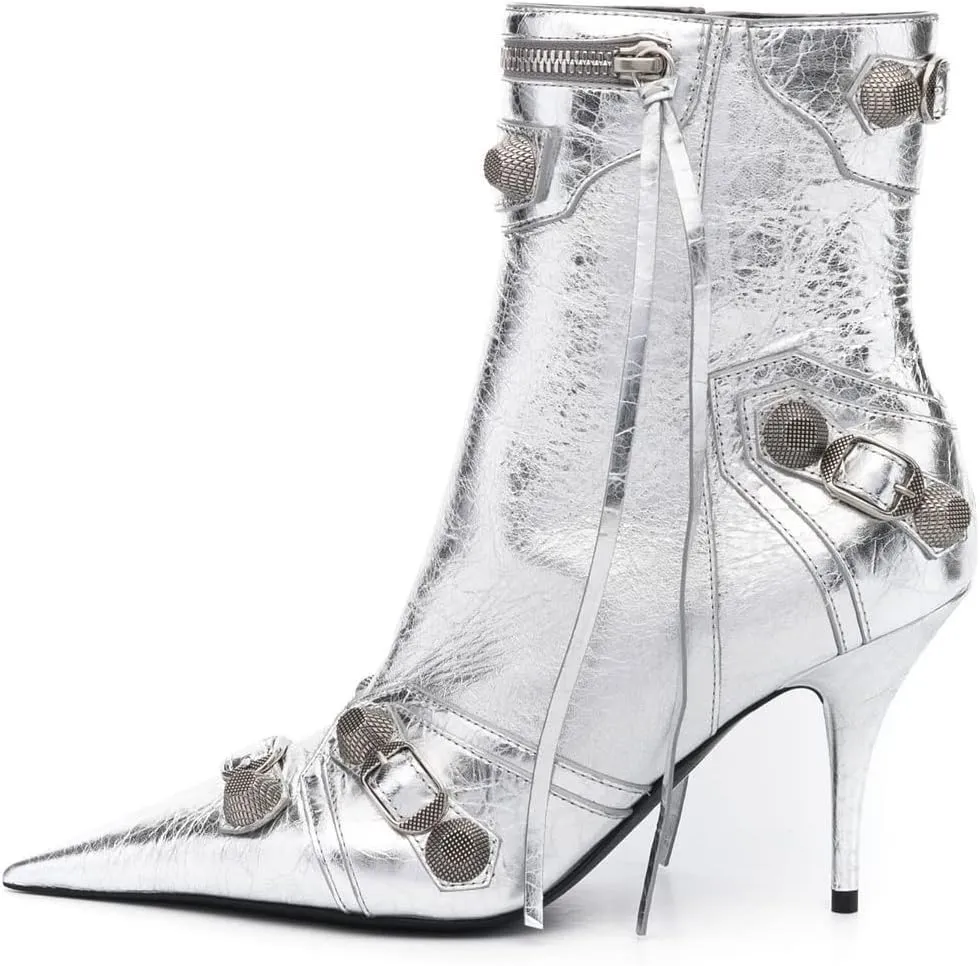 Arqa Women's Stiletto High Heel Ankle Boots,Tassel Pointy Toe Studded Zipper Booties Motorcycle Boot