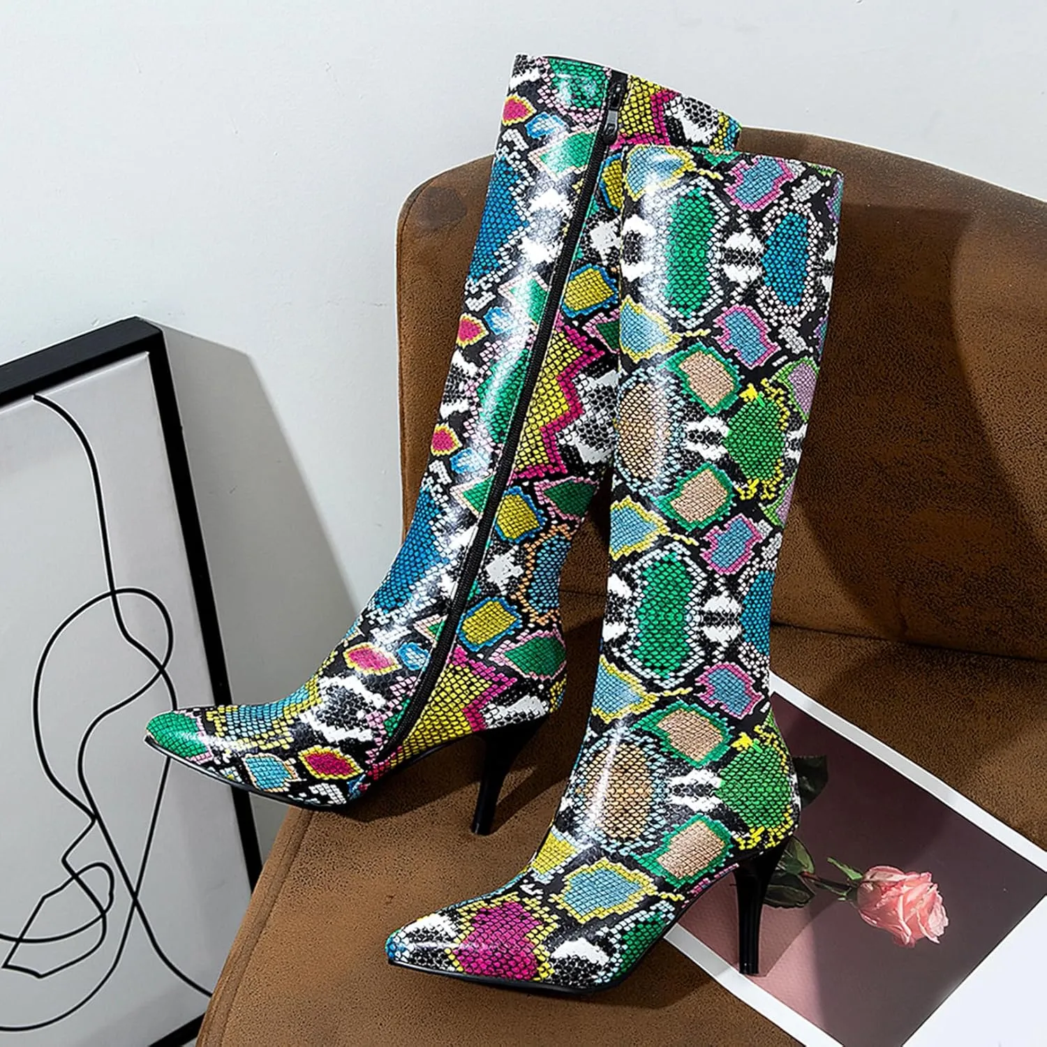 Asterisco Women Stiletto Mid Calf Boots Snakeskin Print High Heel Boots Pointed Toe Zip Party Boots, Size 2-12.5