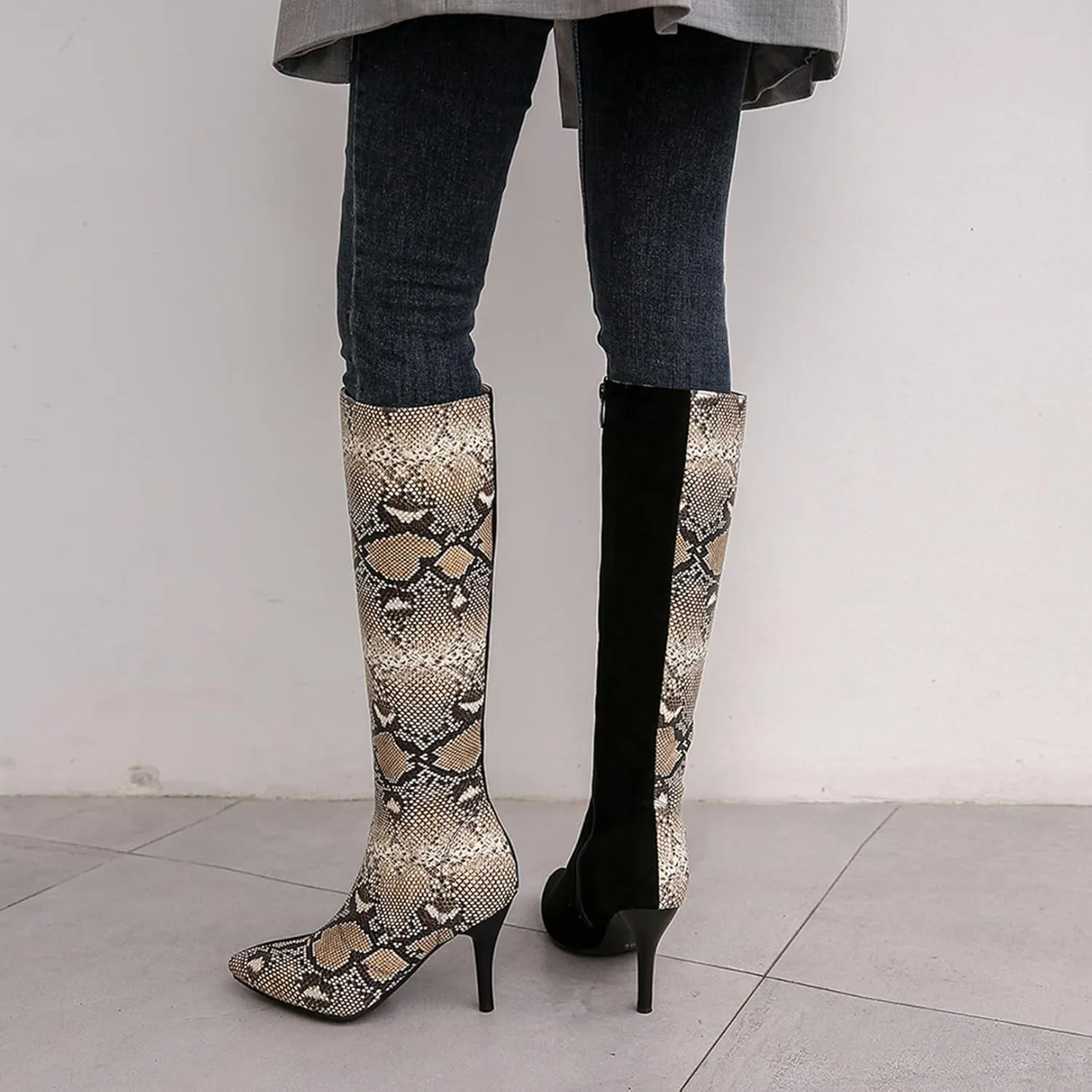 Asterisco Women Stiletto Mid Calf Boots Snakeskin Print High Heel Boots Pointed Toe Zip Party Boots, Size 2-12.5