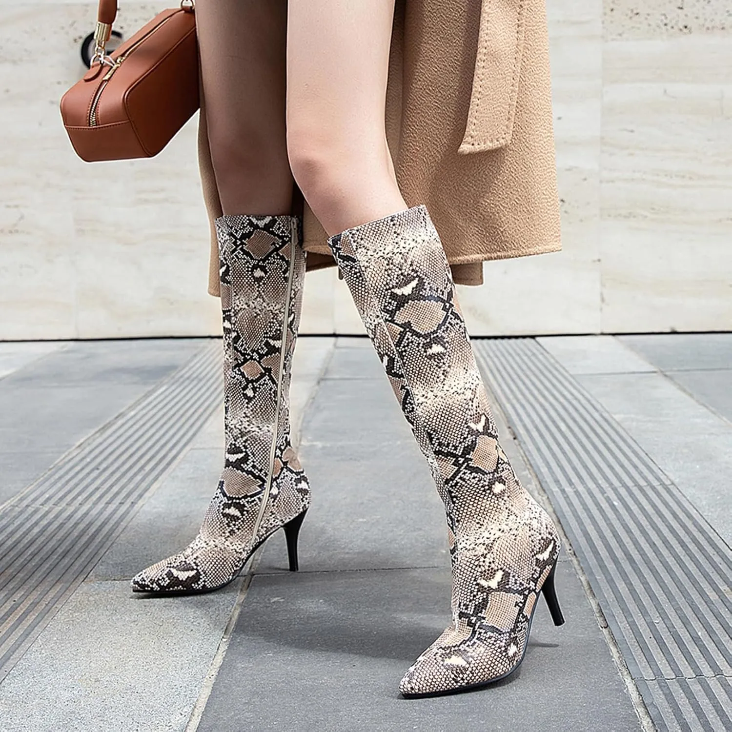 Asterisco Women Stiletto Mid Calf Boots Snakeskin Print High Heel Boots Pointed Toe Zip Party Boots, Size 2-12.5