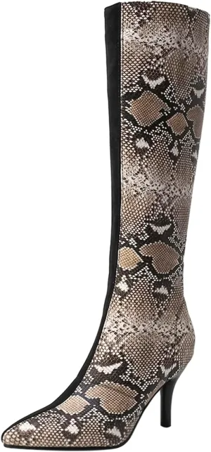 Asterisco Women Stiletto Mid Calf Boots Snakeskin Print High Heel Boots Pointed Toe Zip Party Boots, Size 2-12.5