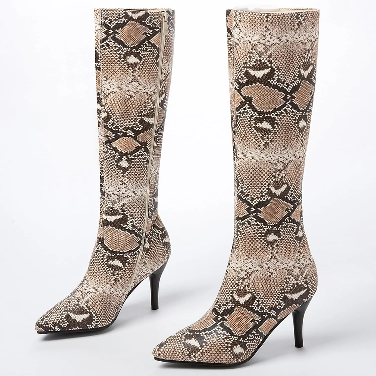 Asterisco Women Stiletto Mid Calf Boots Snakeskin Print High Heel Boots Pointed Toe Zip Party Boots, Size 2-12.5