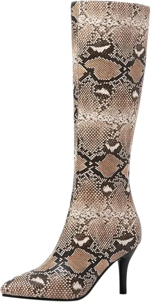 Asterisco Women Stiletto Mid Calf Boots Snakeskin Print High Heel Boots Pointed Toe Zip Party Boots, Size 2-12.5