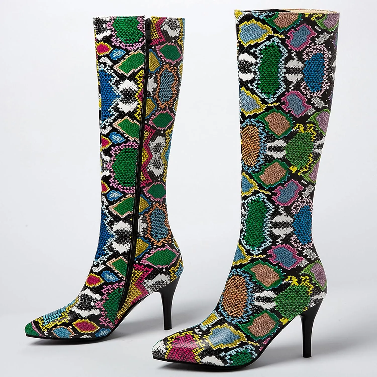 Asterisco Women Stiletto Mid Calf Boots Snakeskin Print High Heel Boots Pointed Toe Zip Party Boots, Size 2-12.5