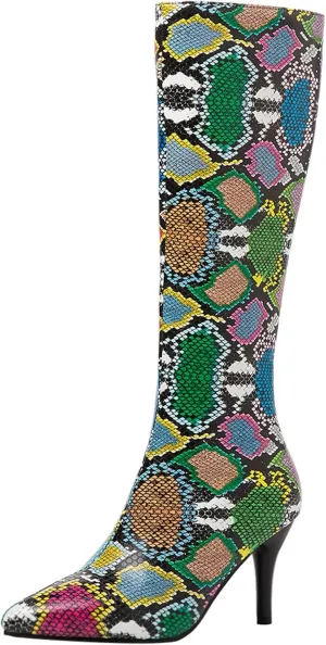 Asterisco Women Stiletto Mid Calf Boots Snakeskin Print High Heel Boots Pointed Toe Zip Party Boots, Size 2-12.5