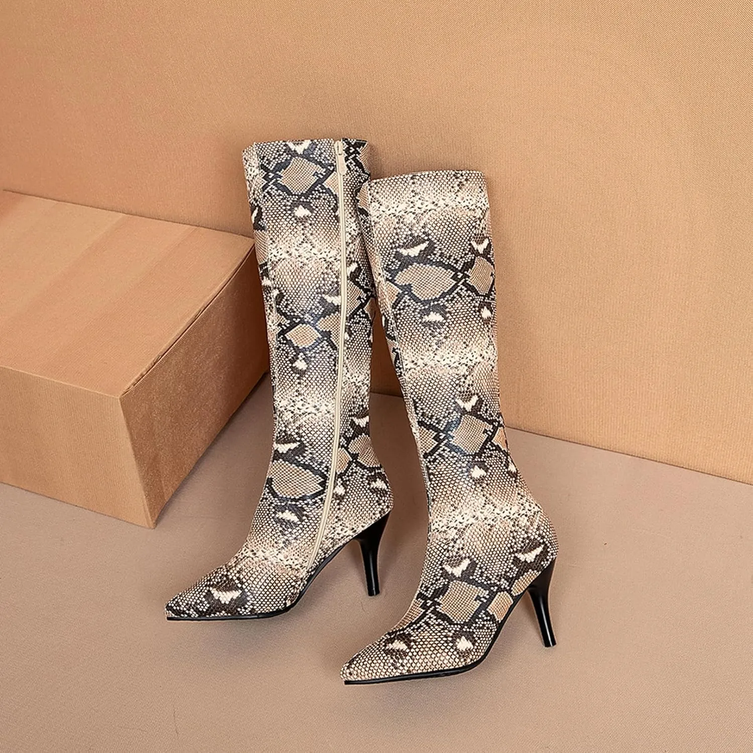 Asterisco Women Stiletto Mid Calf Boots Snakeskin Print High Heel Boots Pointed Toe Zip Party Boots, Size 2-12.5