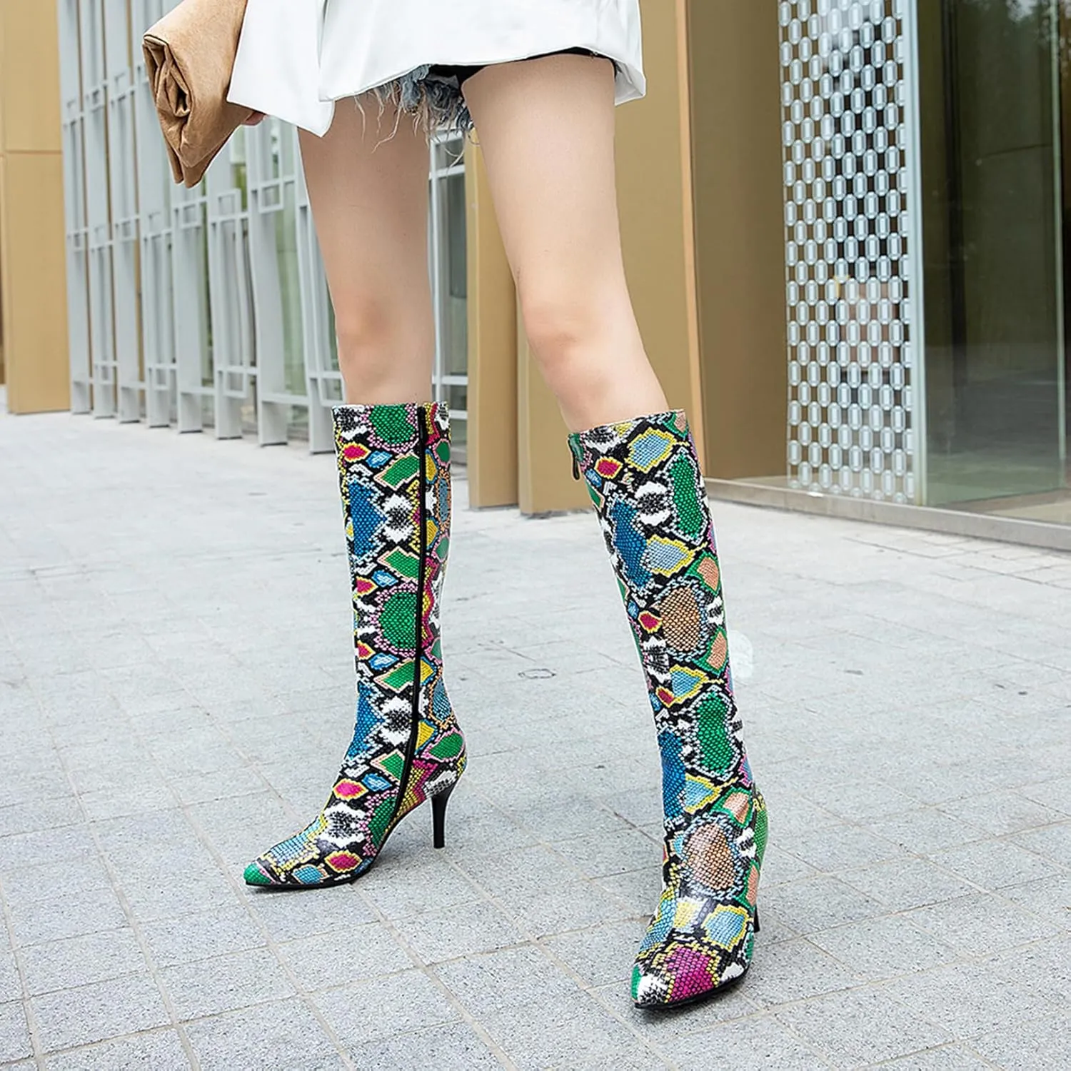 Asterisco Women Stiletto Mid Calf Boots Snakeskin Print High Heel Boots Pointed Toe Zip Party Boots, Size 2-12.5