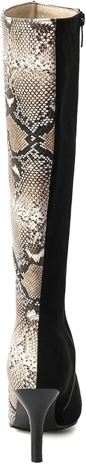 Asterisco Women Stiletto Mid Calf Boots Snakeskin Print High Heel Boots Pointed Toe Zip Party Boots, Size 2-12.5