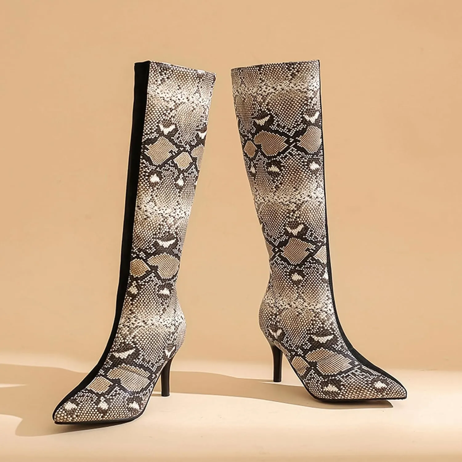 Asterisco Women Stiletto Mid Calf Boots Snakeskin Print High Heel Boots Pointed Toe Zip Party Boots, Size 2-12.5