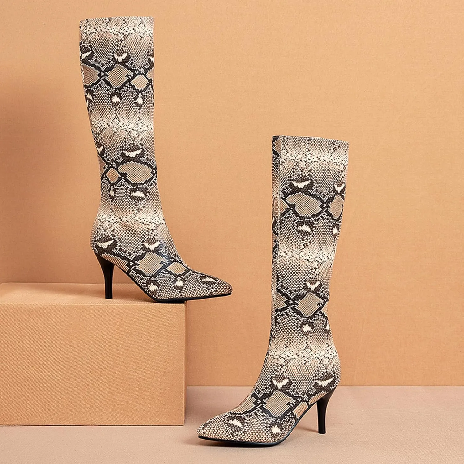 Asterisco Women Stiletto Mid Calf Boots Snakeskin Print High Heel Boots Pointed Toe Zip Party Boots, Size 2-12.5