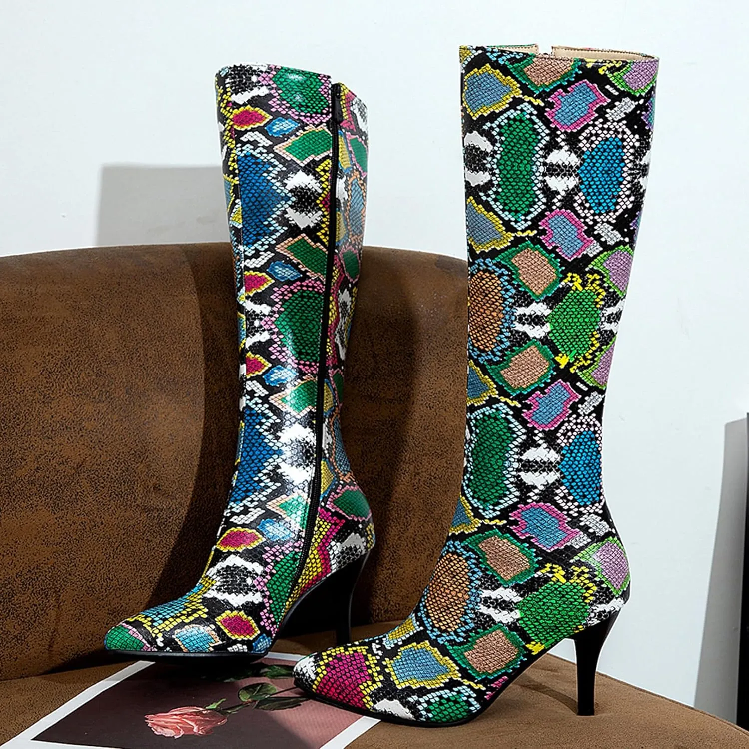 Asterisco Women Stiletto Mid Calf Boots Snakeskin Print High Heel Boots Pointed Toe Zip Party Boots, Size 2-12.5