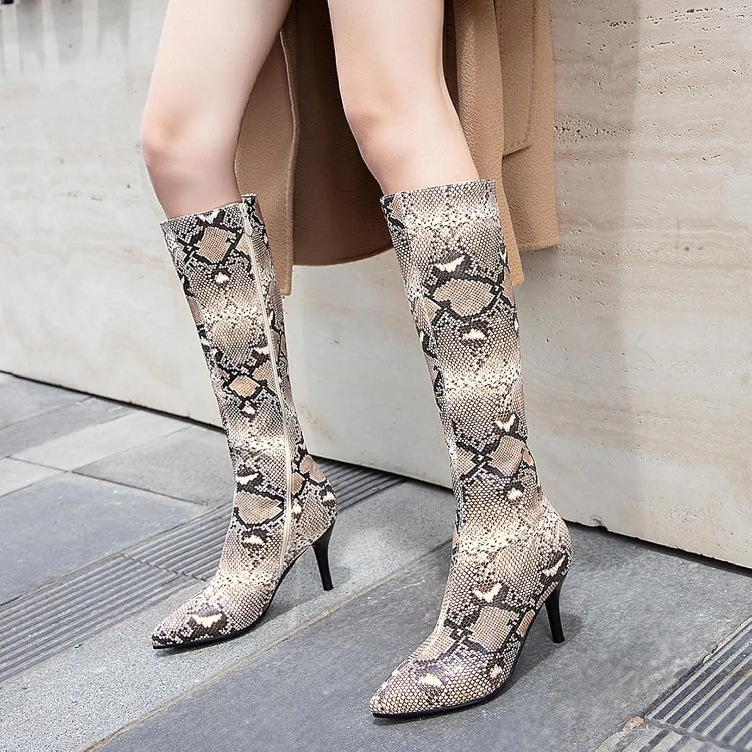 Asterisco Women Stiletto Mid Calf Boots Snakeskin Print High Heel Boots Pointed Toe Zip Party Boots, Size 2-12.5