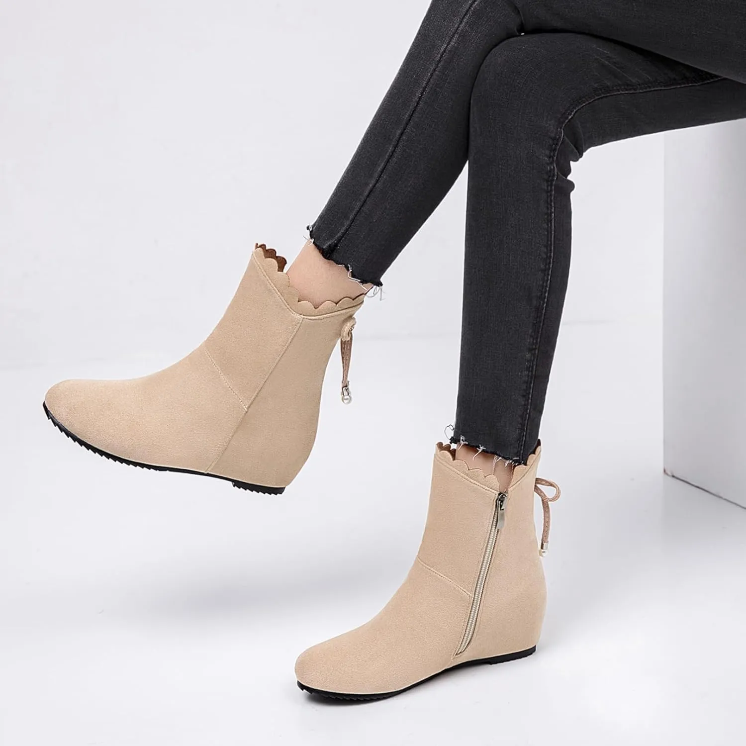 Asterisco Women Wedge Heel Ankle Boots Rhinestones Mid Heel Booties Round Toe Zip Moccasin Boots, Size 3-10