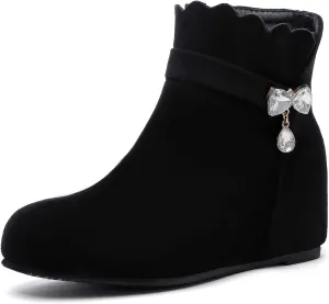 Asterisco Women Wedge Heel Ankle Boots Rhinestones Mid Heel Booties Round Toe Zip Moccasin Boots, Size 3-10