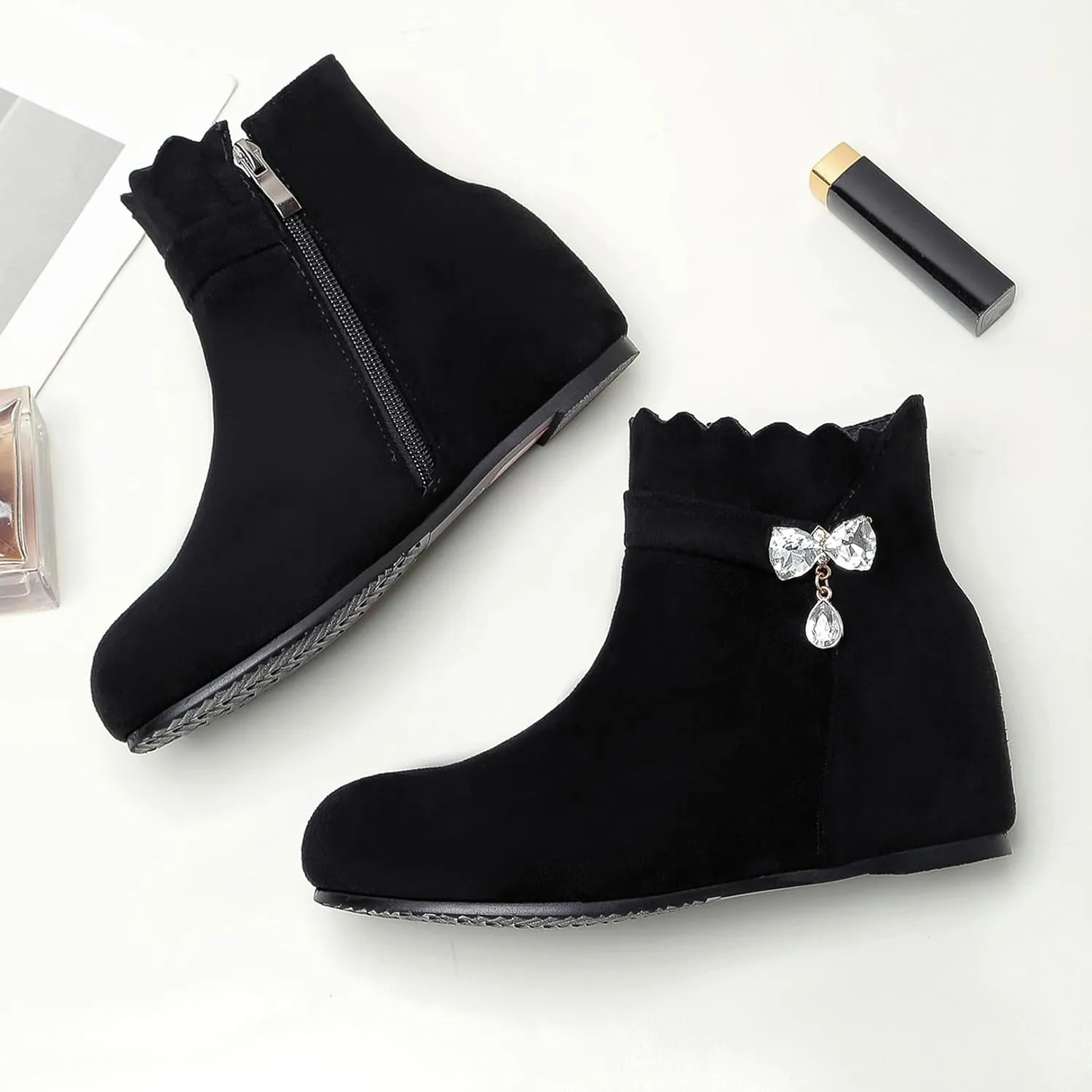 Asterisco Women Wedge Heel Ankle Boots Rhinestones Mid Heel Booties Round Toe Zip Moccasin Boots, Size 3-10