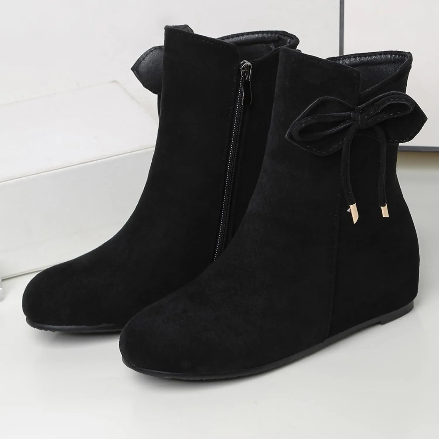 Asterisco Women Wedge Heel Ankle Boots Rhinestones Mid Heel Booties Round Toe Zip Moccasin Boots, Size 3-10