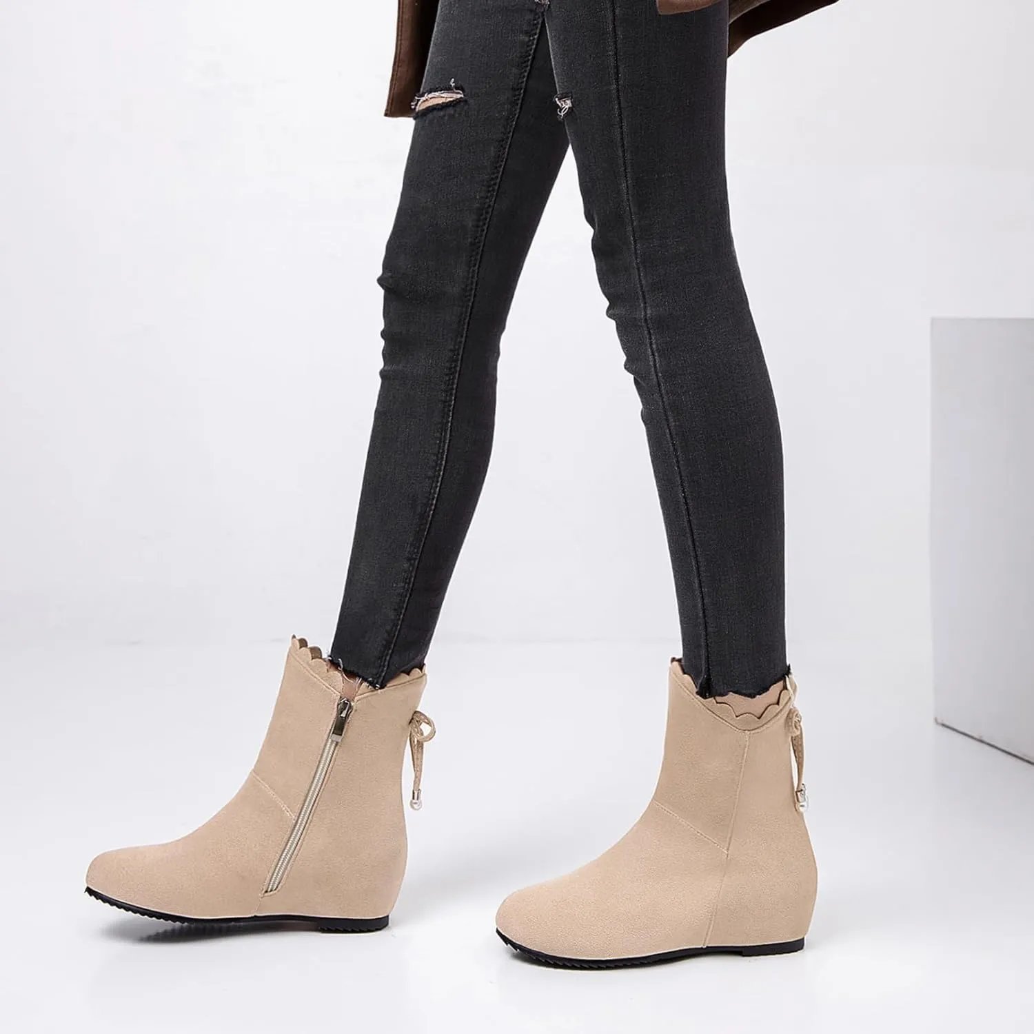 Asterisco Women Wedge Heel Ankle Boots Rhinestones Mid Heel Booties Round Toe Zip Moccasin Boots, Size 3-10