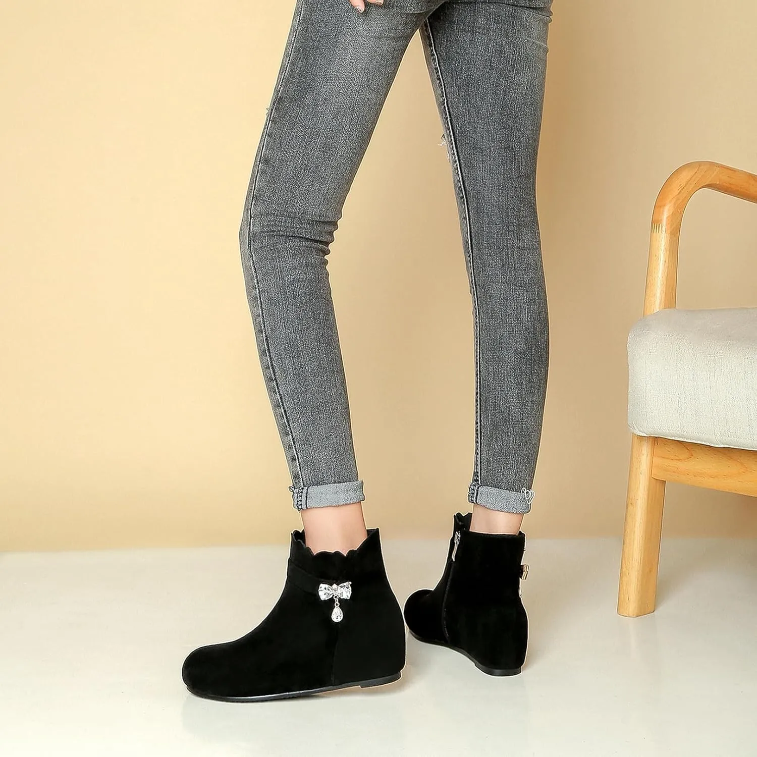 Asterisco Women Wedge Heel Ankle Boots Rhinestones Mid Heel Booties Round Toe Zip Moccasin Boots, Size 3-10