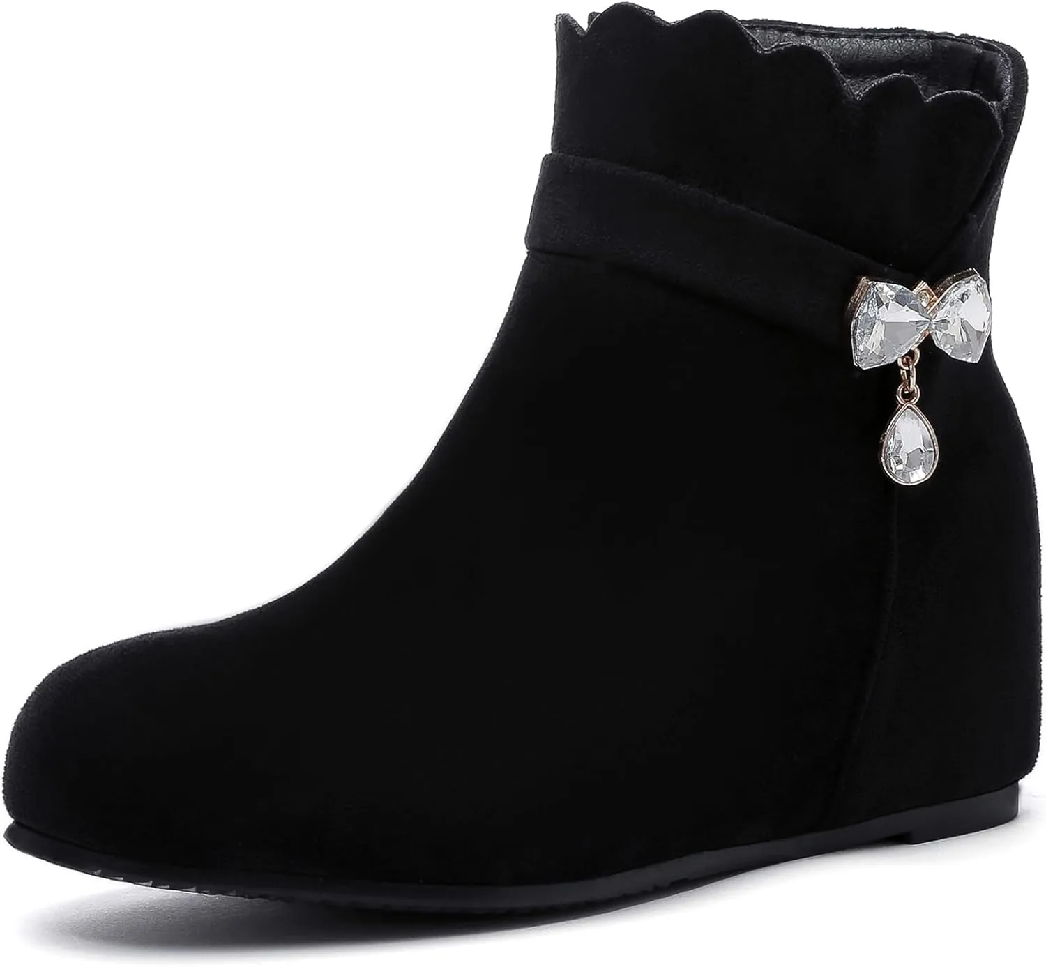 Asterisco Women Wedge Heel Ankle Boots Rhinestones Mid Heel Booties Round Toe Zip Moccasin Boots, Size 3-10