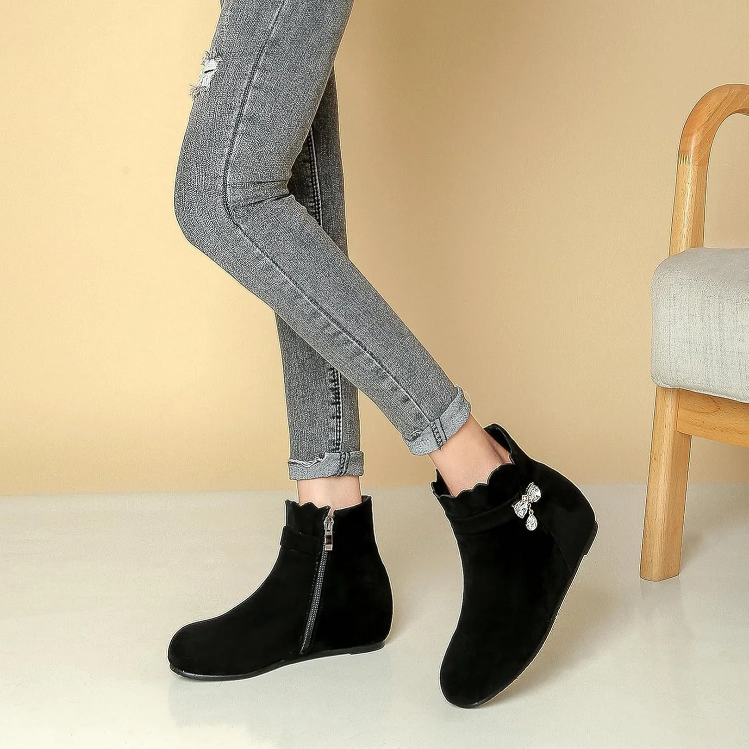 Asterisco Women Wedge Heel Ankle Boots Rhinestones Mid Heel Booties Round Toe Zip Moccasin Boots, Size 3-10