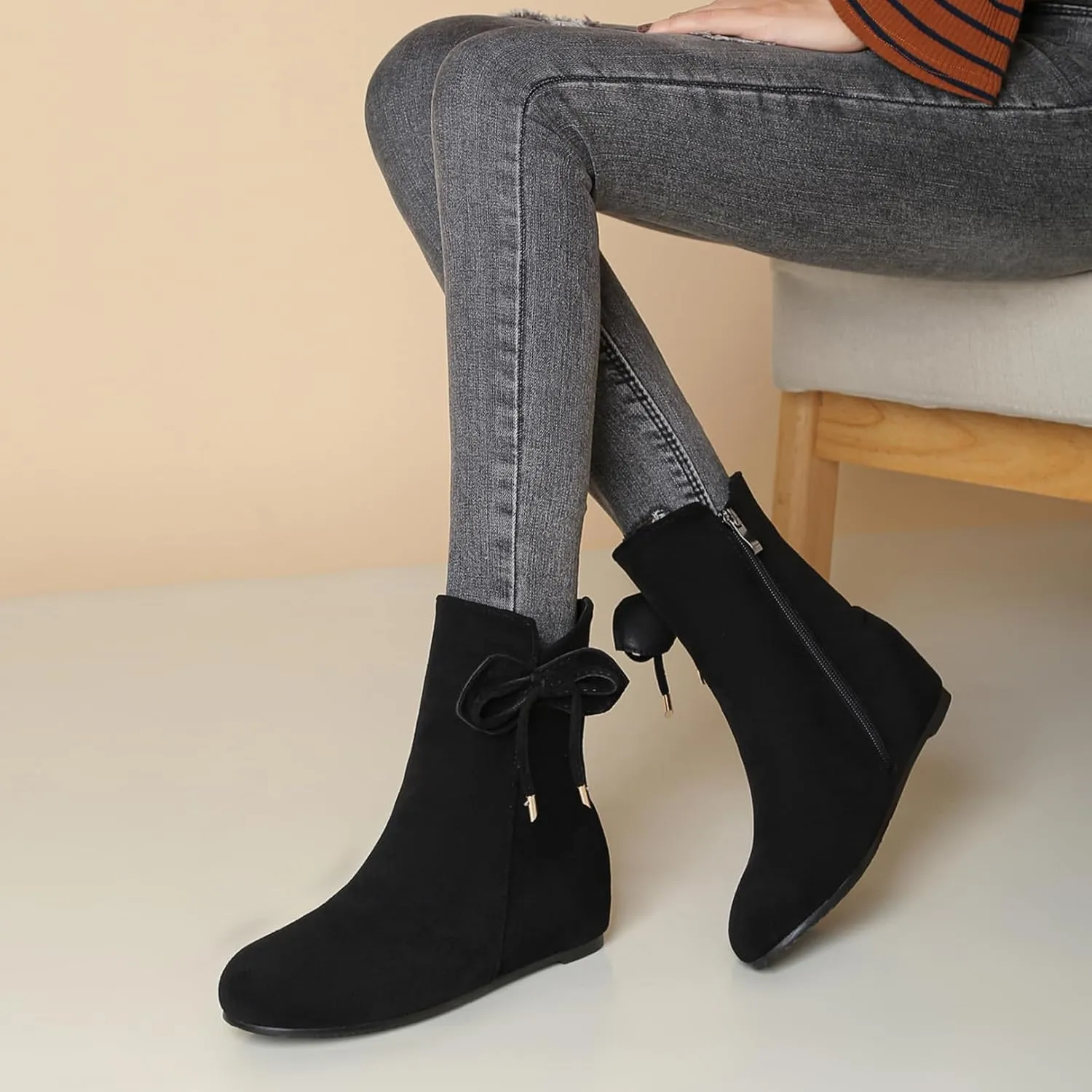 Asterisco Women Wedge Heel Ankle Boots Rhinestones Mid Heel Booties Round Toe Zip Moccasin Boots, Size 3-10
