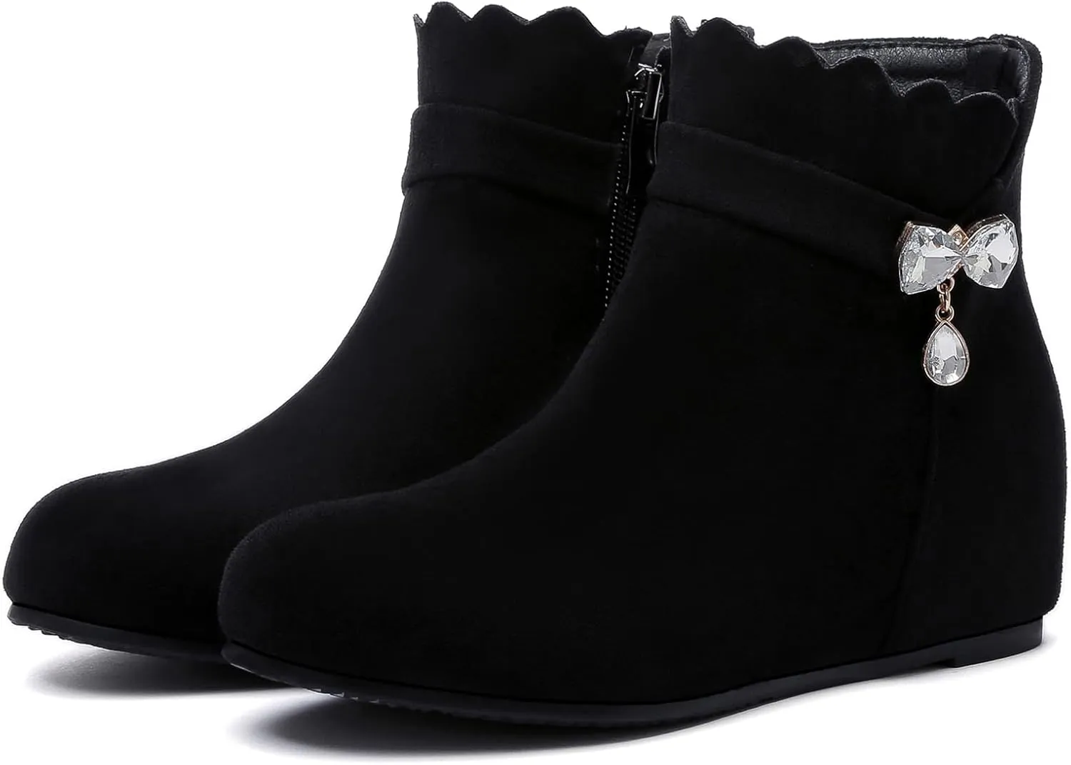 Asterisco Women Wedge Heel Ankle Boots Rhinestones Mid Heel Booties Round Toe Zip Moccasin Boots, Size 3-10