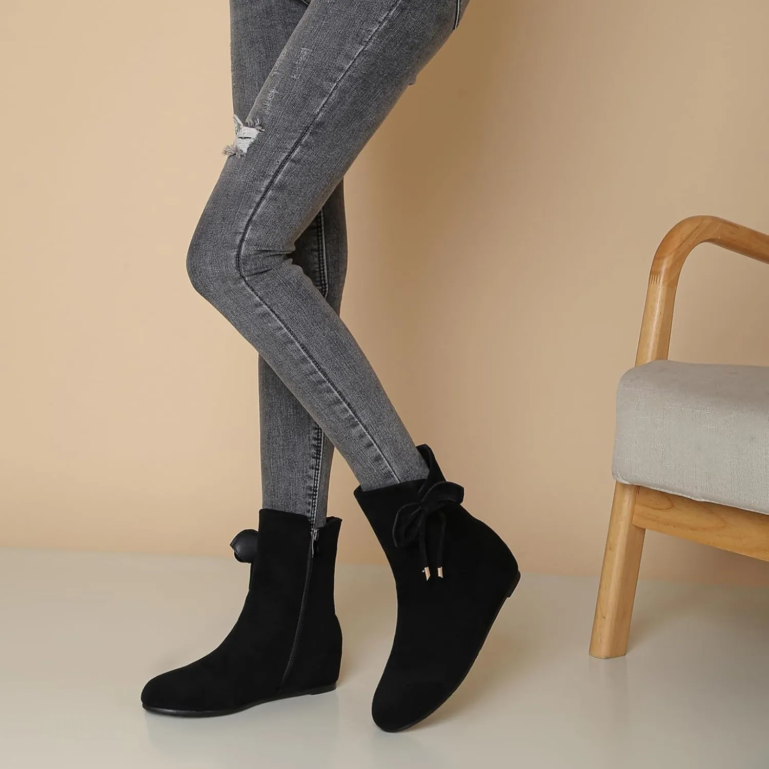 Asterisco Women Wedge Heel Ankle Boots Rhinestones Mid Heel Booties Round Toe Zip Moccasin Boots, Size 3-10