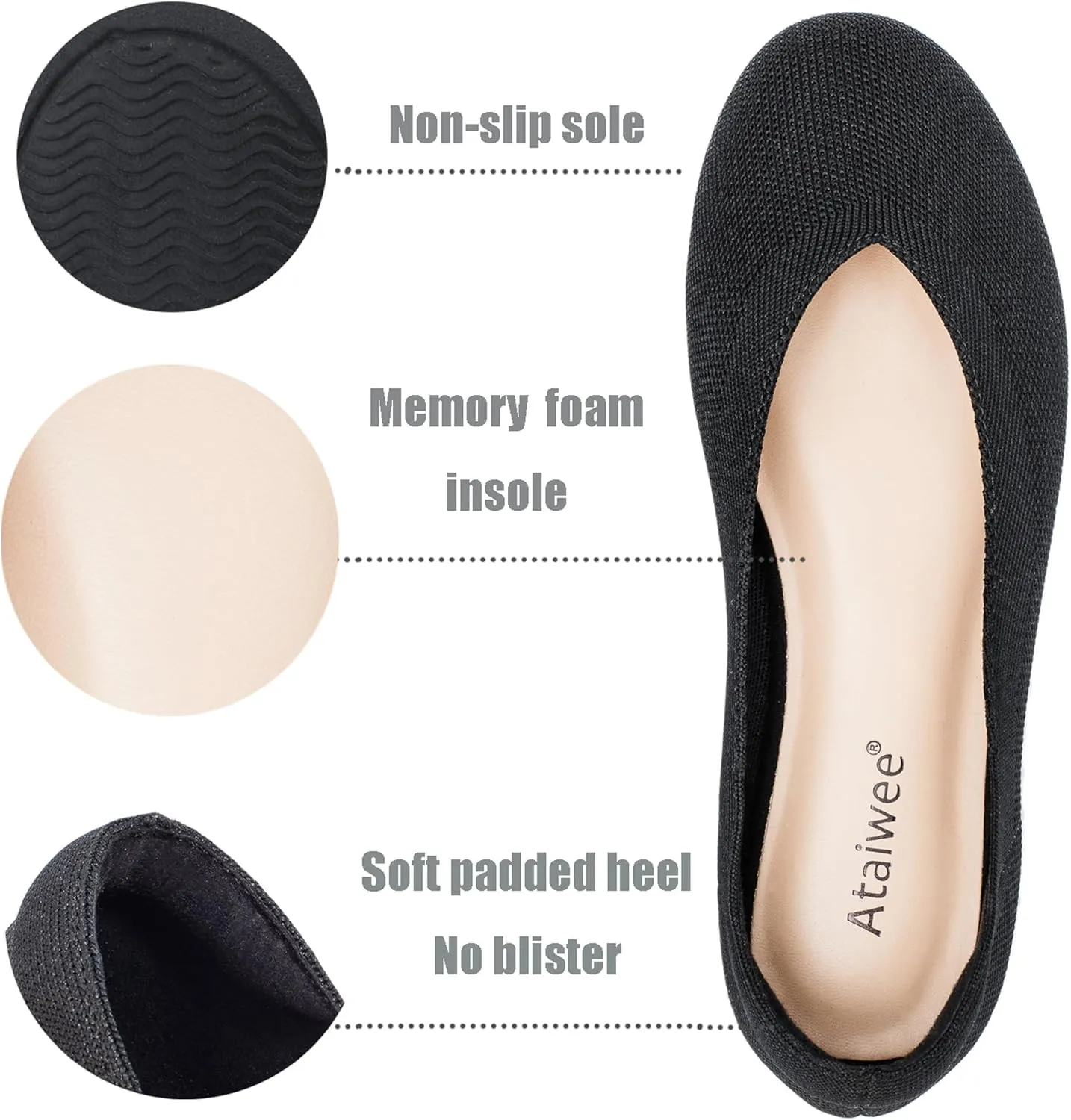 Ataiwee Women's Wide Width Flat Shoes - Dressy Knitted Soft Breathable Cute Slip-On Ballet Flats.