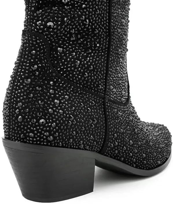 Atuelang Women's Rhinestone Cowboy Boots Sparkly Knee High Boots Fashion Pointed Toe Block Heel Mid Calf Cowgirl Short Ankle Booties