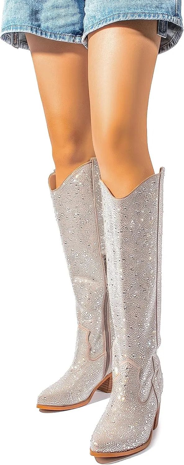Atuelang Women's Rhinestone Cowboy Boots Sparkly Knee High Boots Fashion Pointed Toe Block Heel Mid Calf Cowgirl Short Ankle Booties
