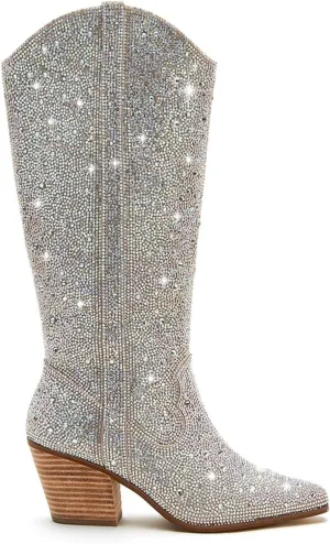 Atuelang Women's Rhinestone Cowboy Boots Sparkly Knee High Boots Fashion Pointed Toe Block Heel Mid Calf Cowgirl Short Ankle Booties