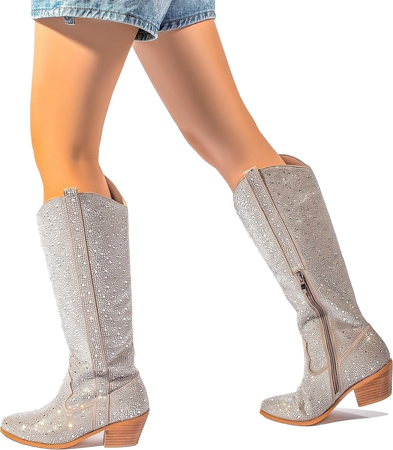 Atuelang Women's Rhinestone Cowboy Boots Sparkly Knee High Boots Fashion Pointed Toe Block Heel Mid Calf Cowgirl Short Ankle Booties