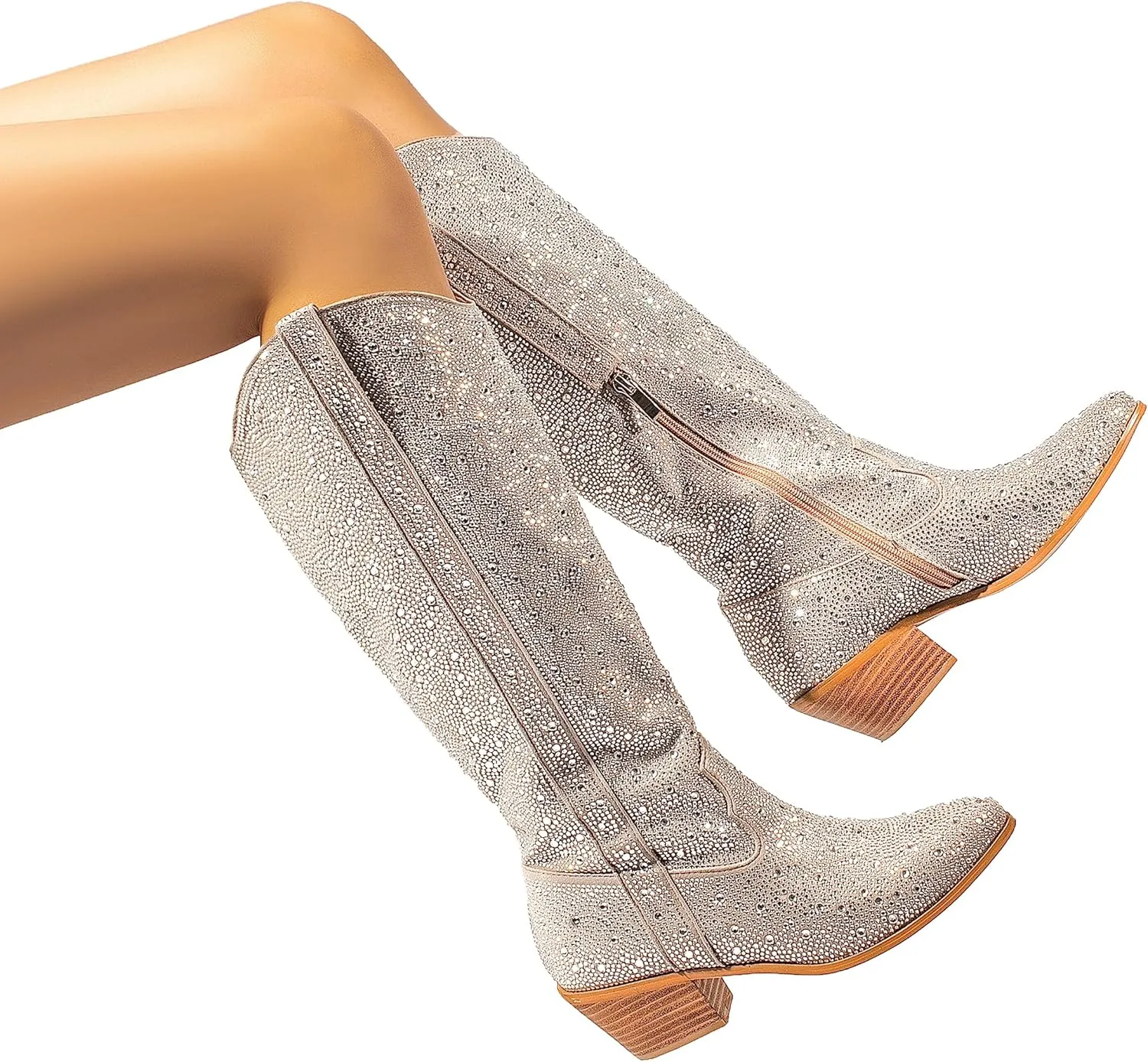 Atuelang Women's Rhinestone Cowboy Boots Sparkly Knee High Boots Fashion Pointed Toe Block Heel Mid Calf Cowgirl Short Ankle Booties
