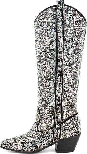 Atuelang Women's Rhinestone Cowboy Boots Sparkly Knee High Boots Fashion Pointed Toe Block Heel Mid Calf Cowgirl Short Ankle Booties
