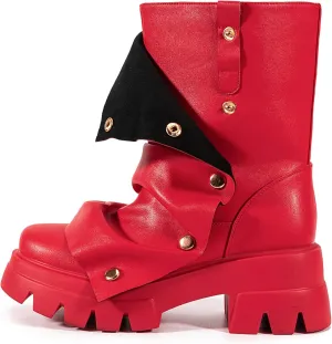 Atuelang Women's Slouchy Fold Over Boots Platform Wide Calf Shark Boots Pull On Fashion Short Booties