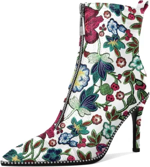 AUMOTED Women Fashion Pointed Toe Heel Boots Sexy Zip Ankle Stilettos Booties with Beaded Boots Party Dress Embroidery High Heels 3.7 Inch
