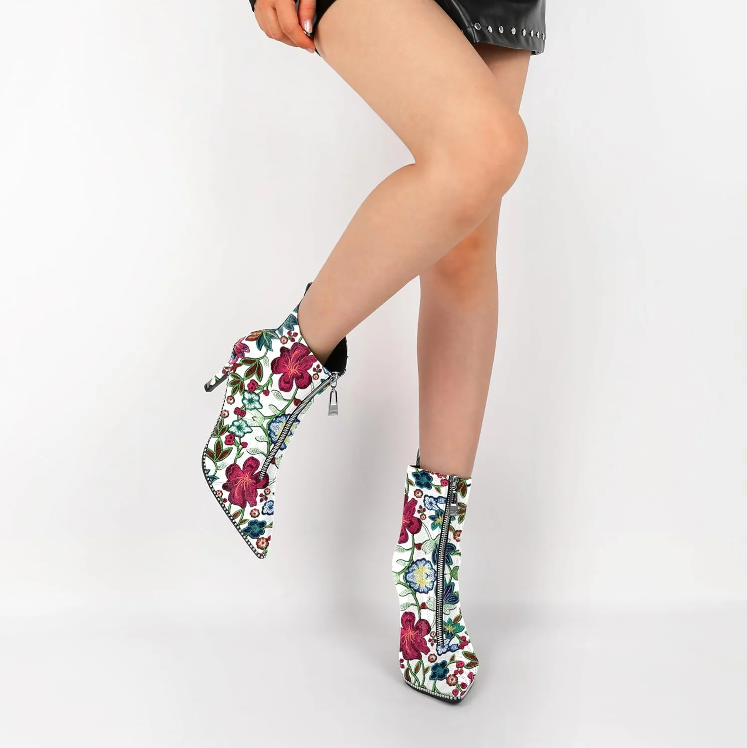 AUMOTED Women Fashion Pointed Toe Heel Boots Sexy Zip Ankle Stilettos Booties with Beaded Boots Party Dress Embroidery High Heels 3.7 Inch